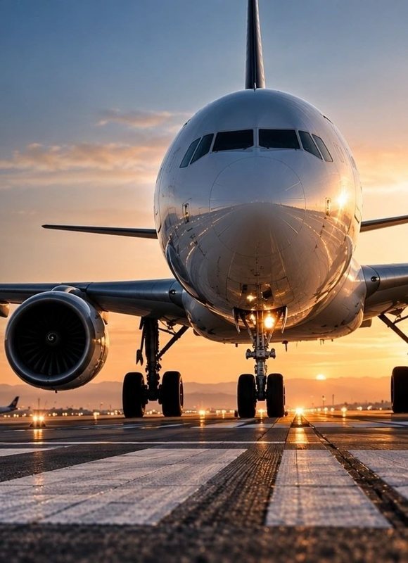 Airliner on a runway at sunset