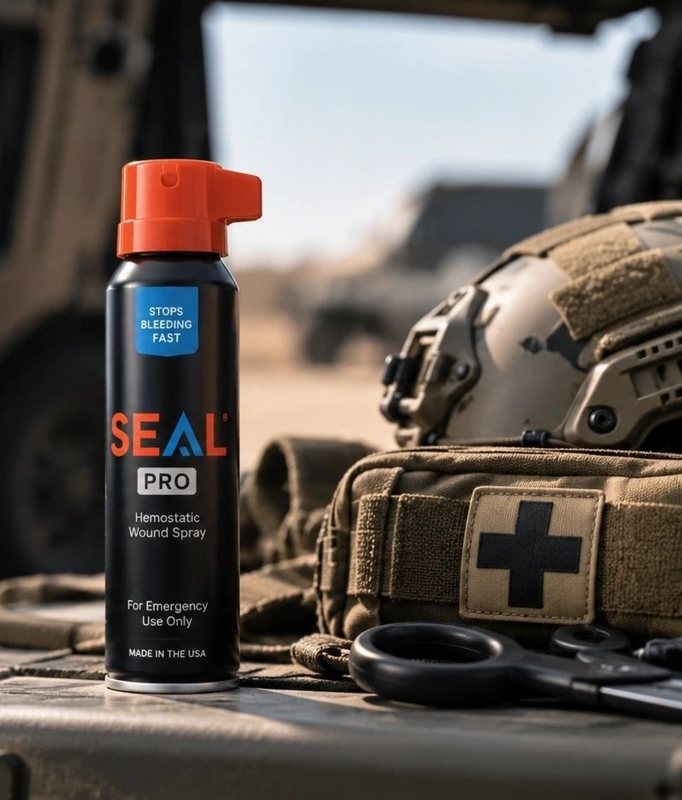 SEAL Pro hemostatic wound spray canister beside a tactical medical kit