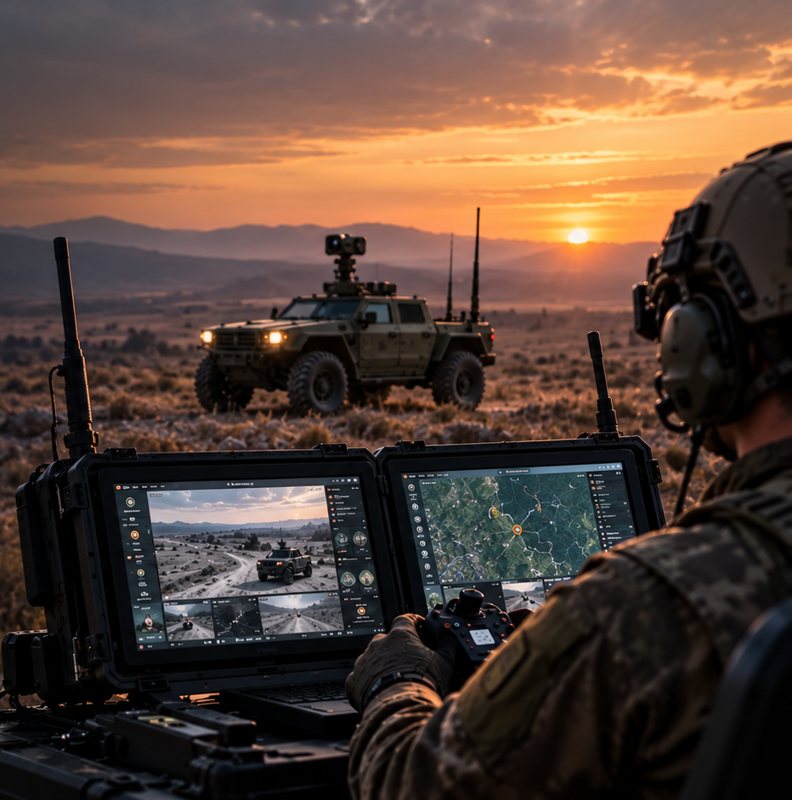 Operator at a field control station driving an armoured vehicle remotely
