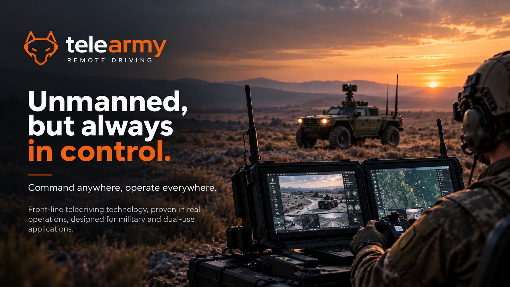 Telearmy Remote Driving. Unmanned, but always in control: front-line teledriving technology, proven in real operations, designed for military and dual-use applications.